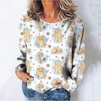 Gingerbread Figurine 3d Printed Women's T-Shirt Autumn Round Neck Long Sleeved Casual Plus Size Clothing Cotton Top T-Shirt New XL beige