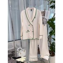 Herringbone Ice Silk Women's Pajamas with Letters and Small Butterfly Patterns, Simple Lines, Satin Material, Soft Pajamas Set M gray