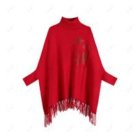Autumn and winter fashion hot diamond batman pullover turtleneck cape sweater women's fringed large size loose knitted shawl jacket average size red