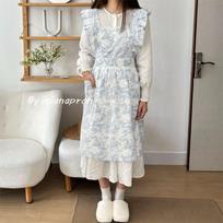 Fashion Ruffles Women Apron Cotton Art Smock Korean Style Kitchen Waiter Uniforms Clean Apron Work Clothes mėlyna