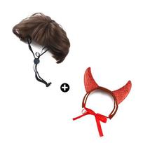 Naminių gyvūnų perukų ir ragų lankelių rinkinys - Šventiniai kačių ir šunų aksesuarai Size M (Head circumference: 22cm*7cm)