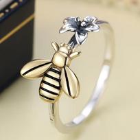 Vintage Thai Silver 925 Sterling Silver Bee Flower Adjustable Rings for Women Girl Cute Sweet Open Ring Luxury Jewelry 6