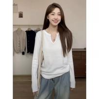 Lazy style slimming small V-neck long-sleeved sweater for women 2024 autumn new solid color inner top base One Size