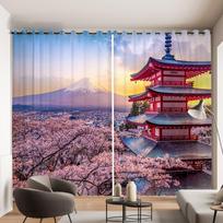 Romantic Cherry Blossom Pattern Curtain Mount Fuji Landscape Decor Curtain Japanese Sushi Nikki Restaurant Window Curtain 2PCS 2x50W100H(CM)&Grommet Top gray