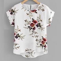 Summer Fashion Floral Print Blouse Pullover Ladies O-Neck Tee Tops Female Women's Short Sleeve Shirt Blusas Femininas Clothing XXL balta
