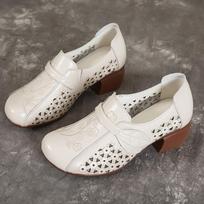 Women's Shoes Summer Cave Shoes Retro Cowhide Chunky Heel Soft Bottom Sandals Breathable Leather Shoes 35 balta