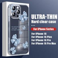 For iPhone 16 Plus 15 14 Pro 12 13 Pro Max 11 Shockproof Plain Color Bowknot Pattern Hard Pc Transparent Slim Lens Protection Phone Case Cover iPhone 16 mėlyna