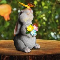 1 solar rabbit statue with butterfly lamp, waterproof IPX4 resin garden decoration,semi-recessed access lawn decoration,uitable for terraces,balconies resin gray