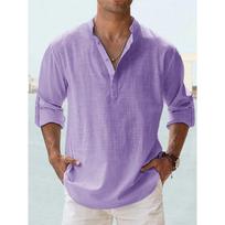 QICED Summer Casual Men's Loose Men's Tide Standing Collar Sports Colour Long Sleeve Cotton Tops Large Size Shirt S violetinė