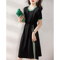 Casual Loose and Sniffy Versatile Round Neck Contrasting Design Slim Waist-hugging Dress S juoda