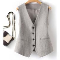 Herringbone V-Neck Vest Women New Autumn Winter Single Breasted Slim Wool Waistcoat Outer & Inner Wear L gray