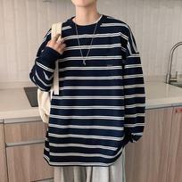 Men's Trendy Long-Sleeve Striped Pullover: Hong Kong Style, Loose-Fit, Versatile for Spring and Autumn. 3XL juoda