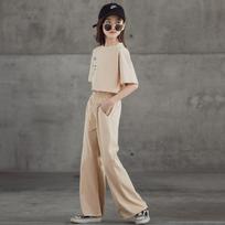 Girls' Suits, Big Children In Summer, Western Style, Fashionable Children's Short Short-sleeved Tops, Wide-leg Pants, Two-piece Suit 120 chaki