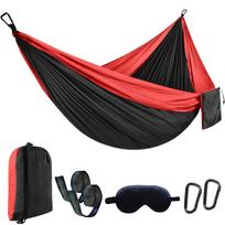 Camping Hammock Lightweight Double & Single Portable Hammocks with 2 Tree Straps Outdoor Essentials for Beach Backpacking Hiking juoda/raudona