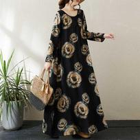 Crew-neck Pleated Slack Lazy Skirt Minimalist Long-sleeved Ultra-long Dress Holiday Style L
