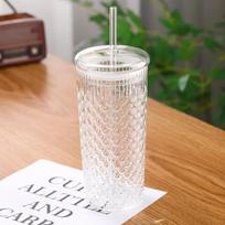 Fish Scale Pattern Stripe Glass Water Bottles with Lid and Straw Transparent Drinking Glasses High Appearance Level Coffee Cups 650ml
