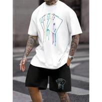 Mens New Poker Printing Short-Sleeve Shorts Set Summer Casual All-Match Round Neck T-Shirt Top Large Size Drawstring Shorts S gray