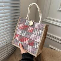 Plaid Canvas Hand-held Burlap Bag Fashionable Hand-held Lunch Box Lunch Bag Ins Student Small Shoulder Bag Women gray