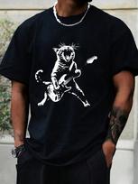 Guitar-playing Cat Graphic Print T-shirt, Summer  Men'S T-shirt, Round Neck Casual Fitness Sports Top Short Sleeve S juoda