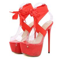 Liyke Sexy Red Thigh High Lace-Up Platform Sandals Women 16.5 CM Transparent Shoes Stiletto Peep Toe Nightclub Stripper Heels 35 red