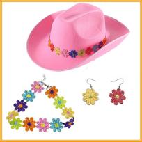 Daisy Embroidery Cowboy Hat UV Protection, Summer Floral Earrings Necklace Combo, Lightweight Photography Props for Women Girls flowers color random rožinė