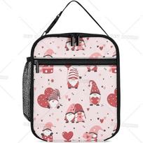 Cute Gnomes Hearts  Reusable Portable Lunch Bag for Men Women, Valentine's Day Theme Insulated Bags for Office Work Trip 26x21x11CM smėlis