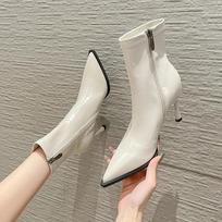 2024 Women's Ankle Short Botas Stiletto High Heels Fashion Slimming Boots Elegant Pointed Leather Skinny Boots Lolita Shoes 34 smėlis