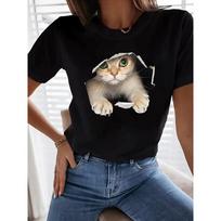 Cute Cat Print Crew Neck T-Shirt Casual Short Sleeve T-Shirt For Summer Women's Clothing M smėlis