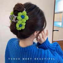 Fashion Premium Blue Green Handmade Woolen Flower Hair Clip Headwear Woman Elegant Large Ponytail Claw Sexy Luxury Accessories žalia