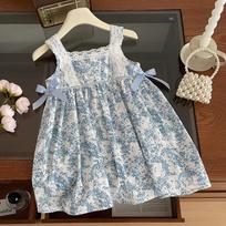 Girls' Blue & White Floral Sleeveless Bowknot Dress 90 cm mėlyna