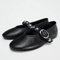 Ballet Flats for Women - Rivet Design Buckle Strap Soft Leather Light and Comfortable  Autumn Collection Ladies Footwear 36 juoda