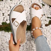New Flat Casual Slippers with Cross Belt Buckle Solid Color Beach Shoes for Women, Flat Slippers for Women, Fashionable 36 balta
