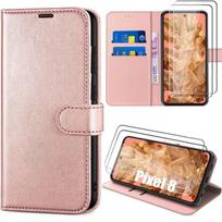 Coque + 2 Verres Trempés pour Google Pixel 8, Coque Rabat Effet Cuir Anti-Rayures Rose