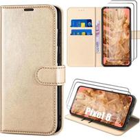 Case for Google Pixel 8 with 2 Tempered Glasses - Protection Golden Leather Effect Magnetic Closure