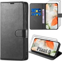 Case and 2 Tempered Glasses for Google Pixel 9 - Scratch-Resistant Wallet Case Synthetic Leather Black