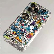 Cartoon Graffiti Phone Case for Apple iPhone16promax-Soft Silicone Transparent Shockproof Creative Cover on iPhone16/15/14/13/12/11/Pro/Plus/Promax Apple 13 black
