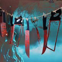 12pcs/set Halloween Plastic Blood Knife Tools Sets Horror Spooky Haunted House Hanging Knife Garland Banner Halloween Decoration raudona