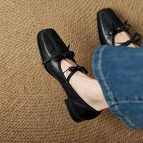New Ballet Black Mary Jane Small Leather Shoes Square Head Light Mouth Low Heel Single Shoes Women 35 juoda