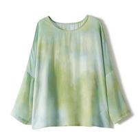 Ink Wash Silk Crepe de Chine Blouse - Mulberry Silk Round Neck Printed Top Women's Summerwear L