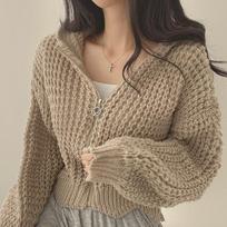 Korean Chic Autumn/Winter Loose Knit Hooded Sweater Jacket (Women's) One Size chaki