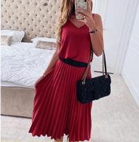Spring/Summer Women's V-Neck Spaghetti Strap Pleated Long Dress - Sexy Little Black Dress Large raudona
