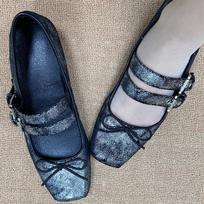 Cowhide version~ New retro ballet flat shoes bow thick heel college style Mary Jane small leather shoes women 35