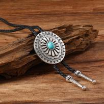 Inlaid Turquoise Wax Rope Necklace Relief Retro Round Pendant Niche Original Oil Drip Jewelry