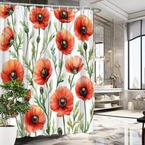 Watercolor Poppies Shower Curtain - Red Flowers With Green Foliage, Soft Polyester,Ethereal Floral Design, Easy Installation W60H190(CM)-1 Pcs gray
