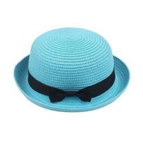 Parent-child Beach Hat Dome Curved Brim UV Protection Hat Handwoven Summer Outdoor Straw Hat with Black Satin Ribbon Bow Size#Kid mėlyna