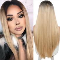 LISI HAIR ilgi tiesūs vidutinio ilgio perukas, juodas ir auksinis dviejų spalvų perukas, tinka juodiems/baltiems moteriškiems kasdieniams/cosplay perukams white