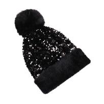 Women's Fashion Winter Knitting Hairball Hat Thickened Warm Detachable Sequined Hat juoda
