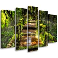 Penkių dalių paveikslų spauda ant drobės Forest Bridge Nature Green 100x70 žalia