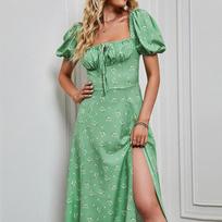 Vintažinė suknelė su kvadratine apykakle ir pūstomis rankovėmis, su skeltuku, elegantiška, su gėlių raštu, ilga suknelė moterims, vasarinė, seksuali, su paaukštintu juosmeniu, Vestidos 25287 S oriono spalva