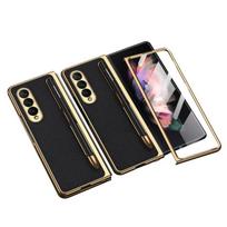 With S Pen Holder Cover For Samsung Galaxy Z Fold 3 5g Case Shell Film Integrated Electroplating Plain Leather Pen Slot Z Fold3 Galaxy Z Fold 3